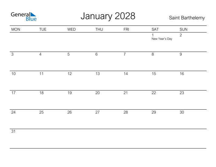 Printable January 2028 Calendar for Saint Barthelemy