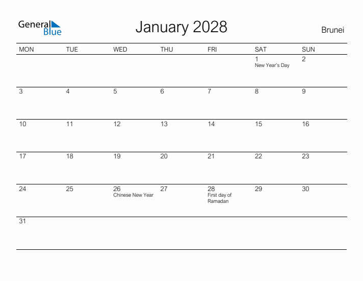 Printable January 2028 Calendar for Brunei