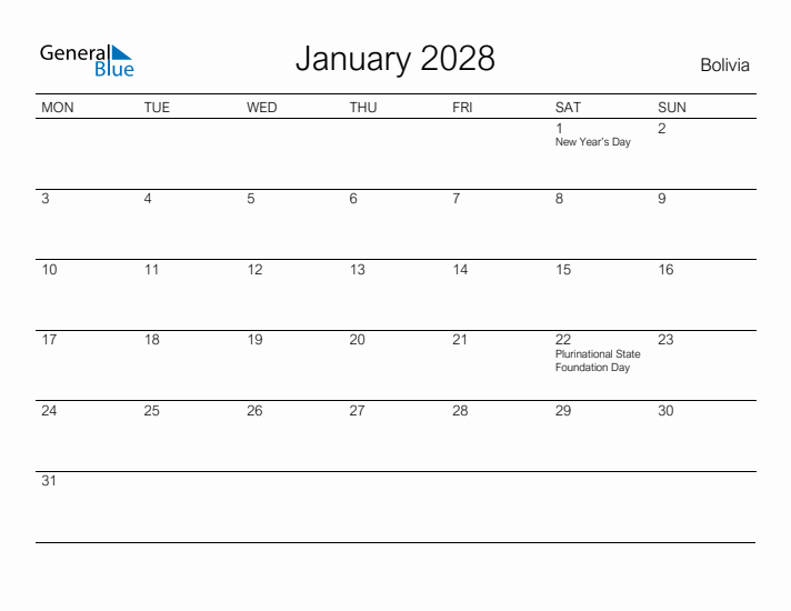 Printable January 2028 Calendar for Bolivia