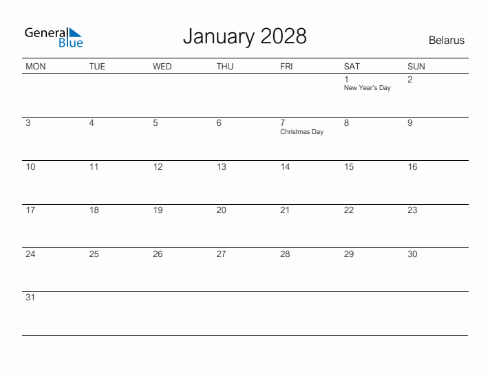 Printable January 2028 Calendar for Belarus