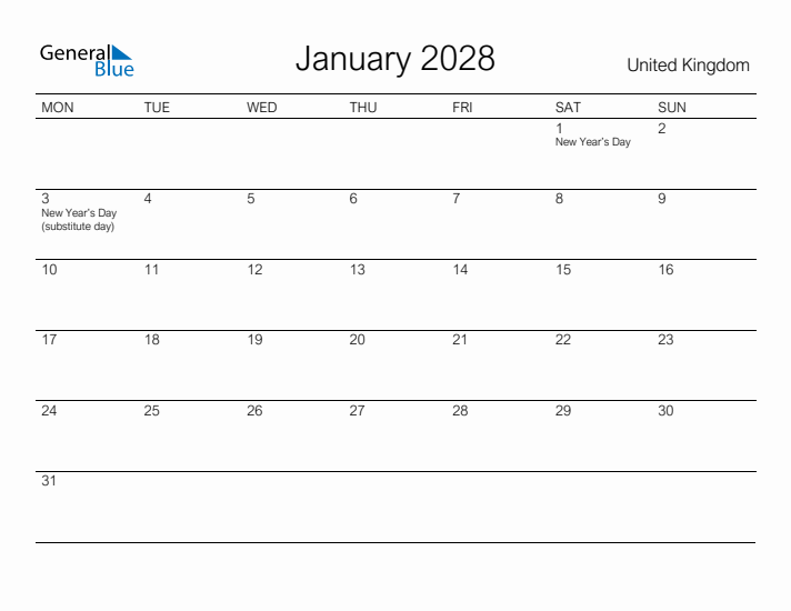 Printable January 2028 Calendar for United Kingdom