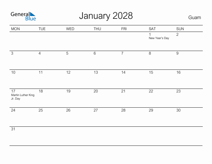 Printable January 2028 Calendar for Guam