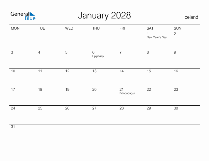 Printable January 2028 Calendar for Iceland