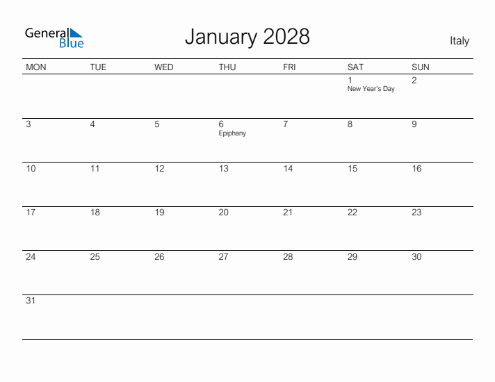 Printable January 2028 Calendar for Italy