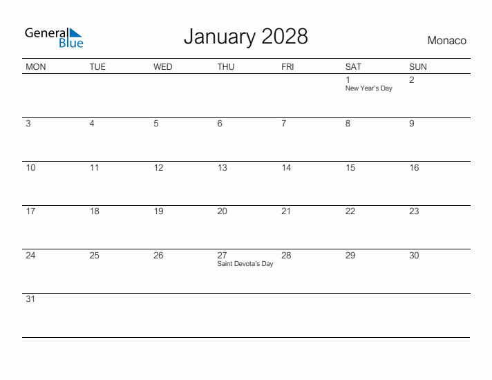 Printable January 2028 Calendar for Monaco