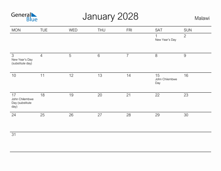 Printable January 2028 Calendar for Malawi