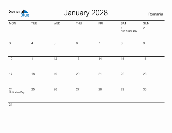 Printable January 2028 Calendar for Romania