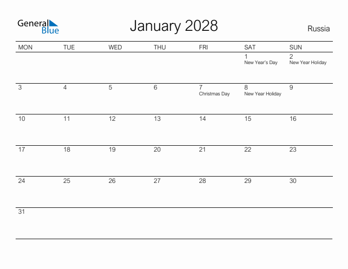 Printable January 2028 Calendar for Russia