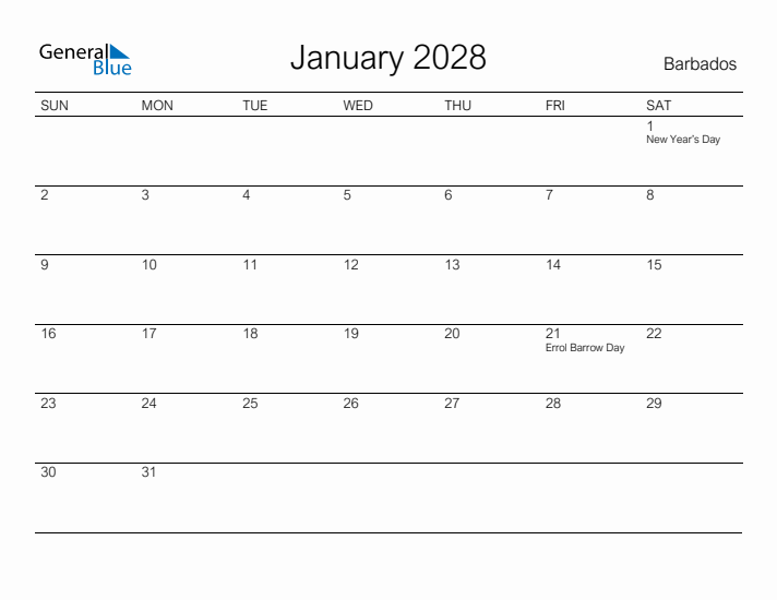 Printable January 2028 Calendar for Barbados