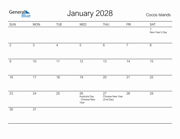 Printable January 2028 Calendar for Cocos Islands