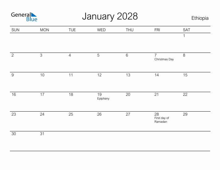 Printable January 2028 Calendar for Ethiopia