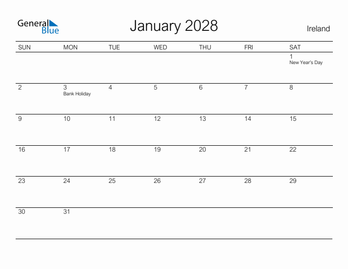 Printable January 2028 Calendar for Ireland