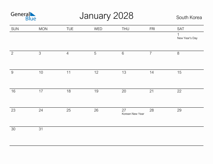 Printable January 2028 Calendar for South Korea