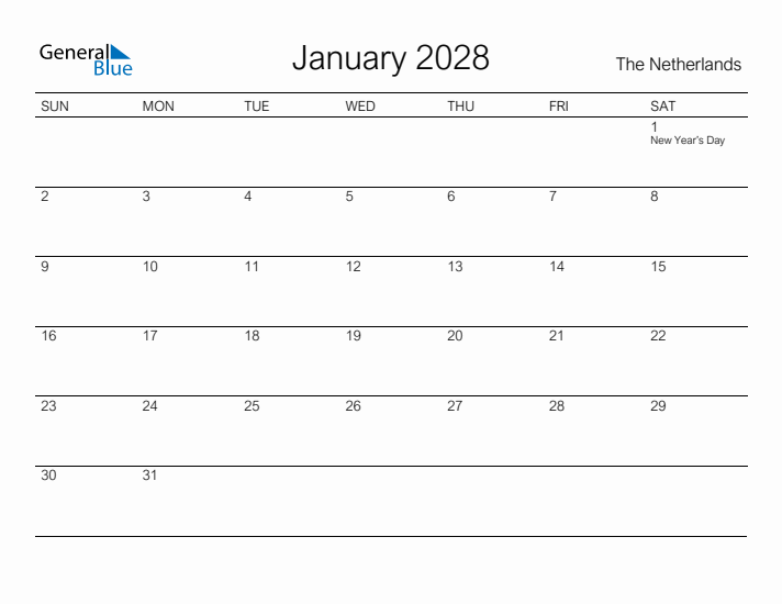 Printable January 2028 Calendar for The Netherlands