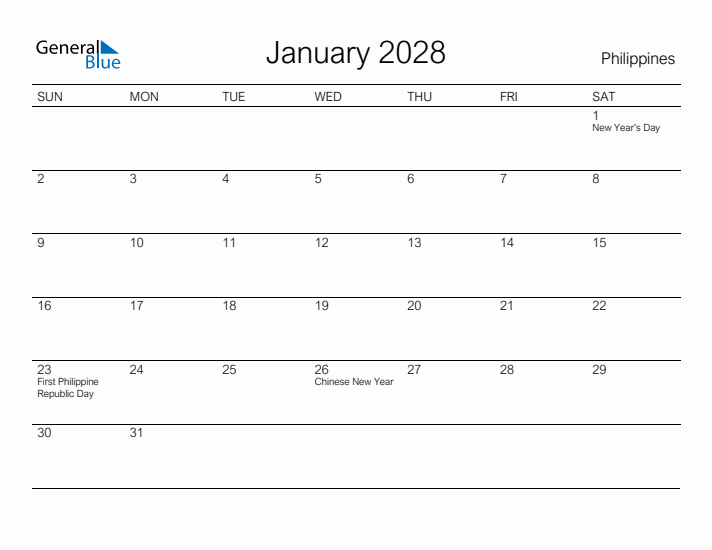 Printable January 2028 Calendar for Philippines