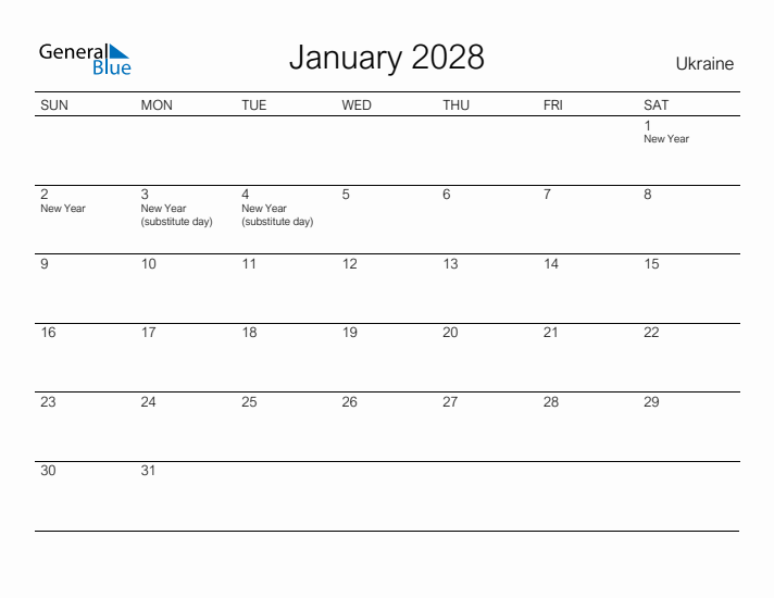 Printable January 2028 Calendar for Ukraine