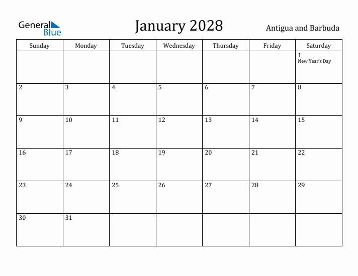 January 2028 Calendar Antigua and Barbuda