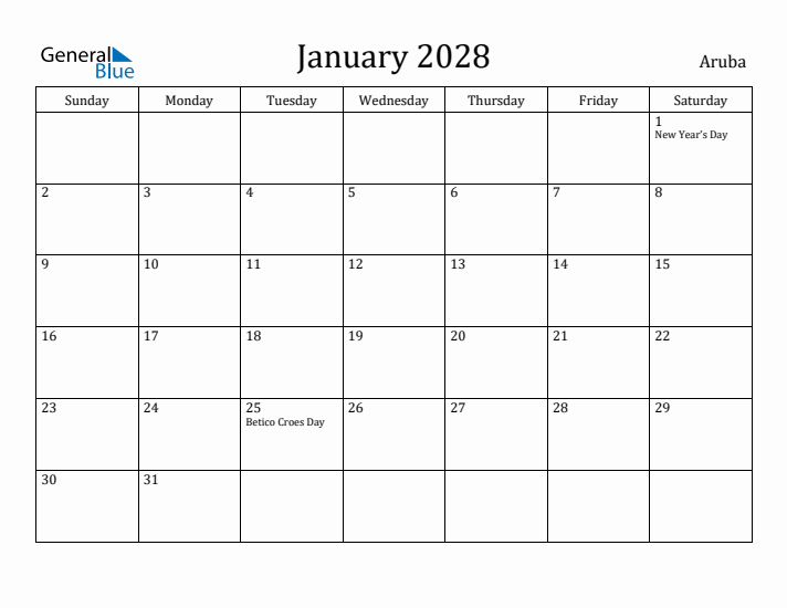 January 2028 Calendar Aruba