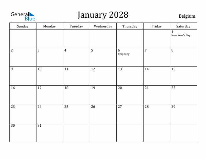 January 2028 Calendar Belgium