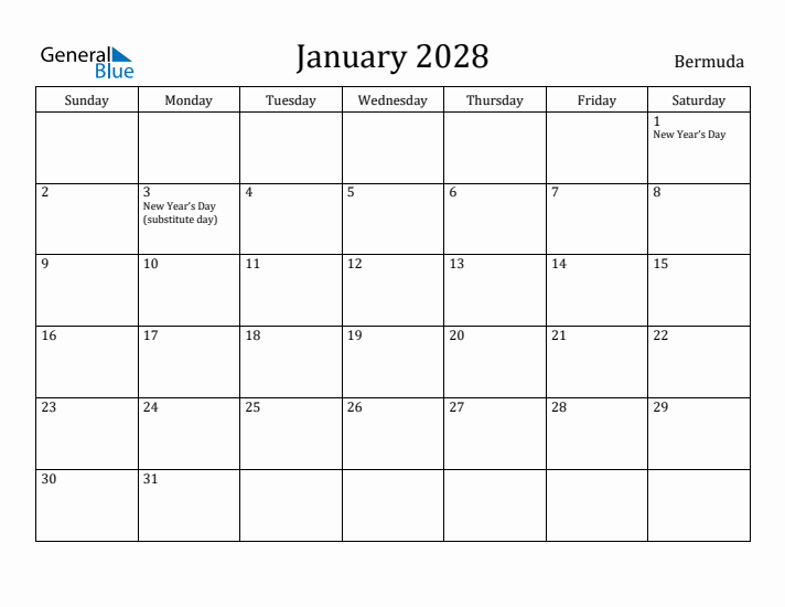 January 2028 Calendar Bermuda