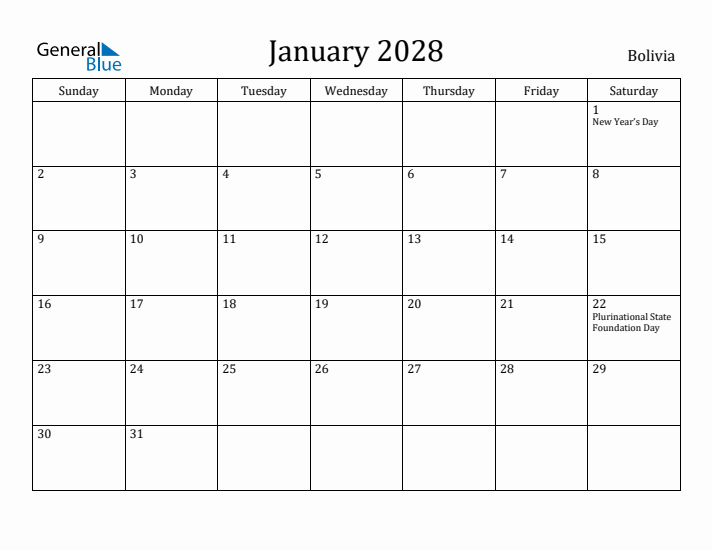 January 2028 Calendar Bolivia