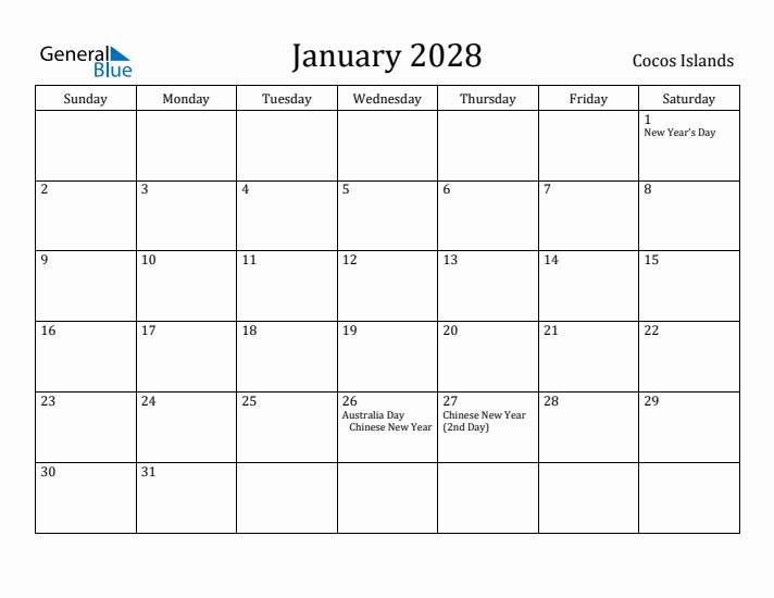 January 2028 Calendar Cocos Islands