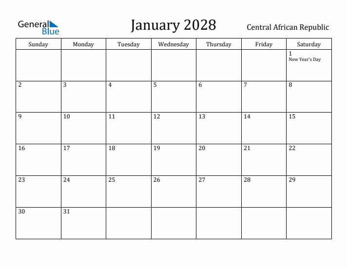 January 2028 Calendar Central African Republic