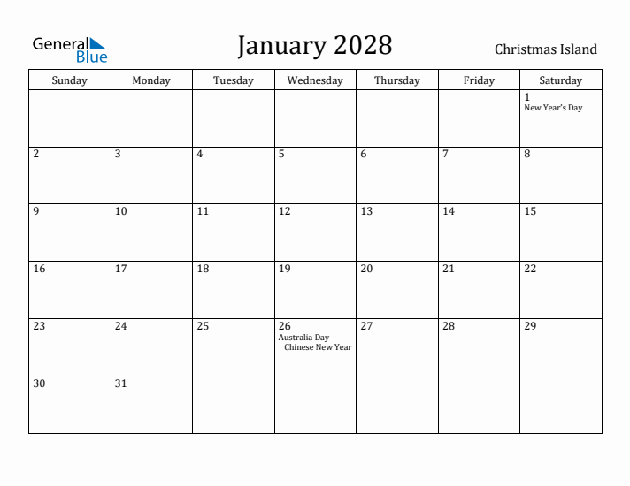 January 2028 Calendar Christmas Island