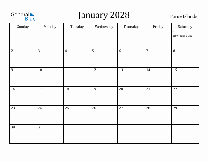 January 2028 Calendar Faroe Islands