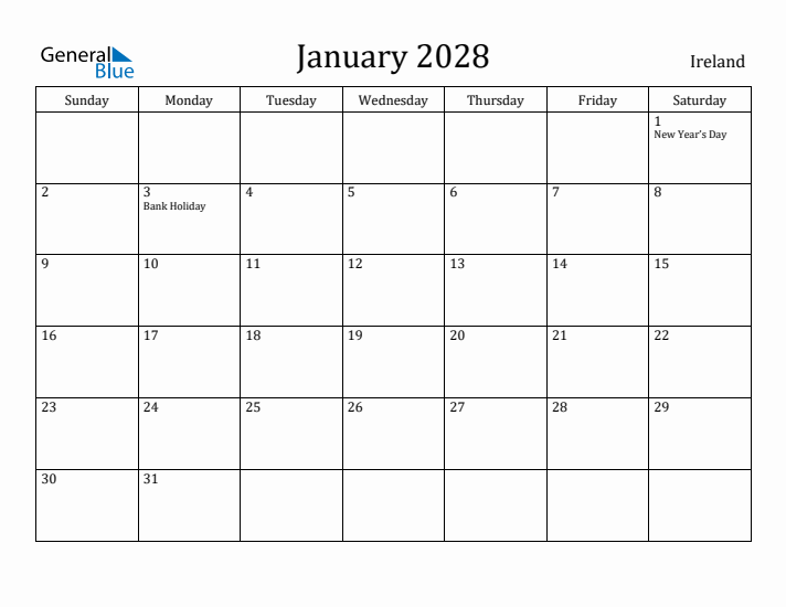 January 2028 Calendar Ireland