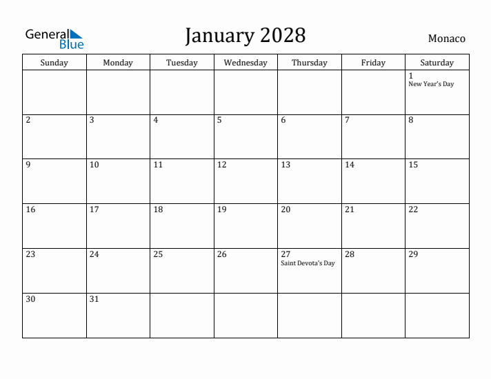 January 2028 Calendar Monaco