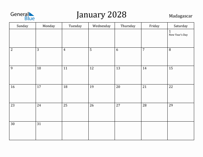 January 2028 Calendar Madagascar