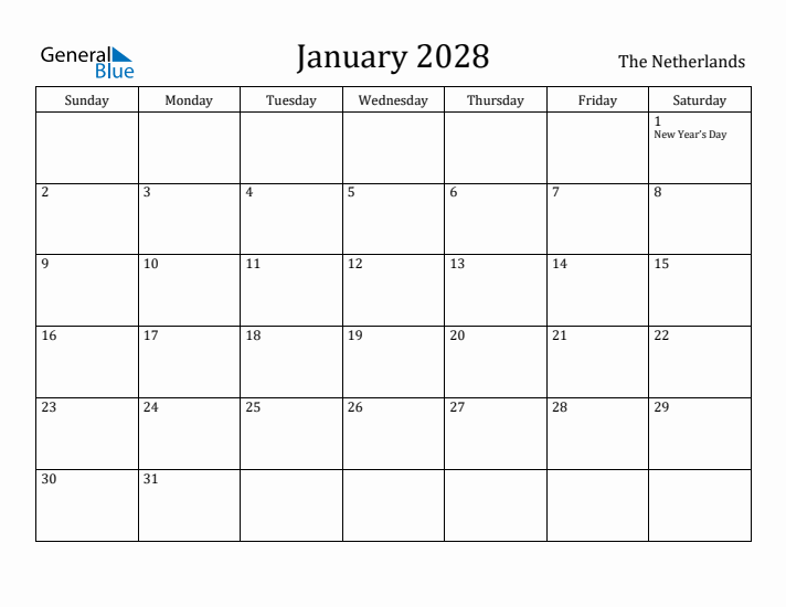 January 2028 Calendar The Netherlands