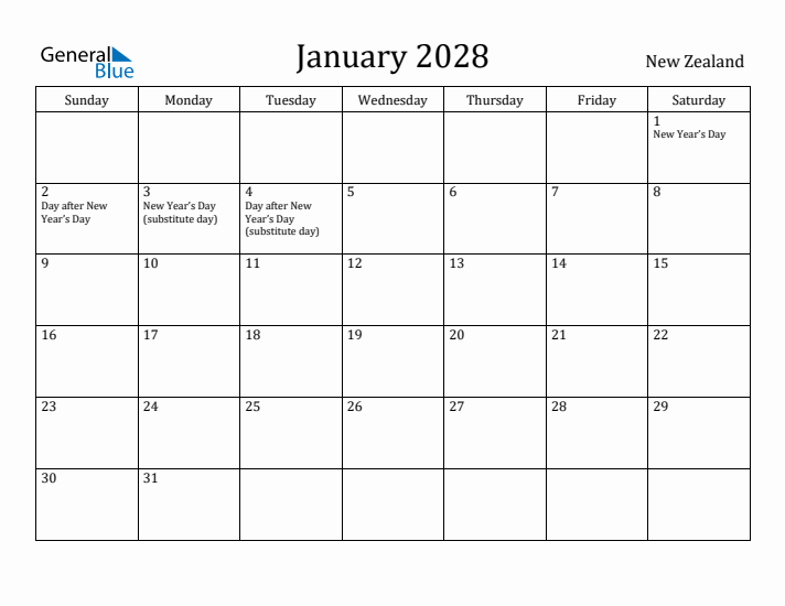 January 2028 Calendar New Zealand