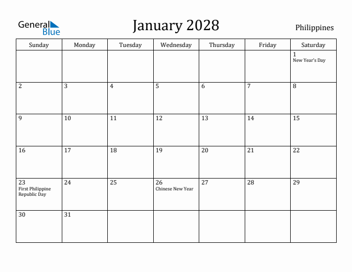 January 2028 Calendar Philippines