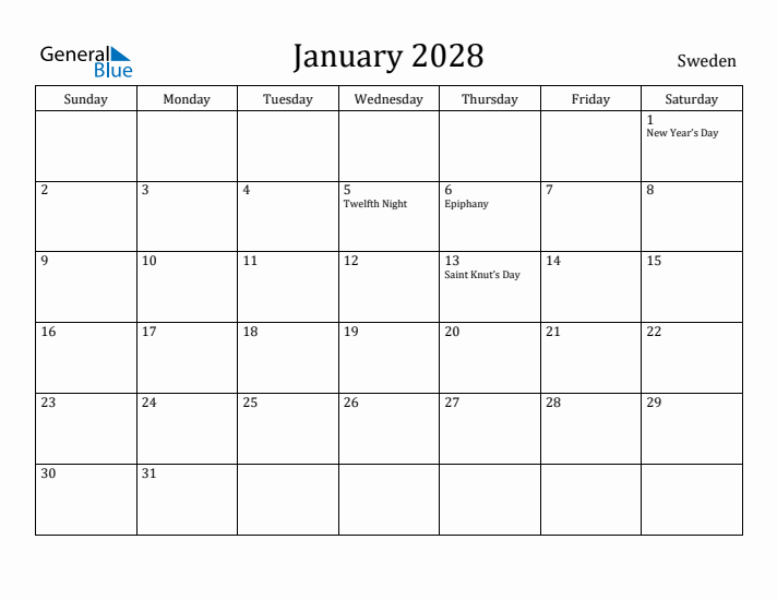 January 2028 Calendar Sweden