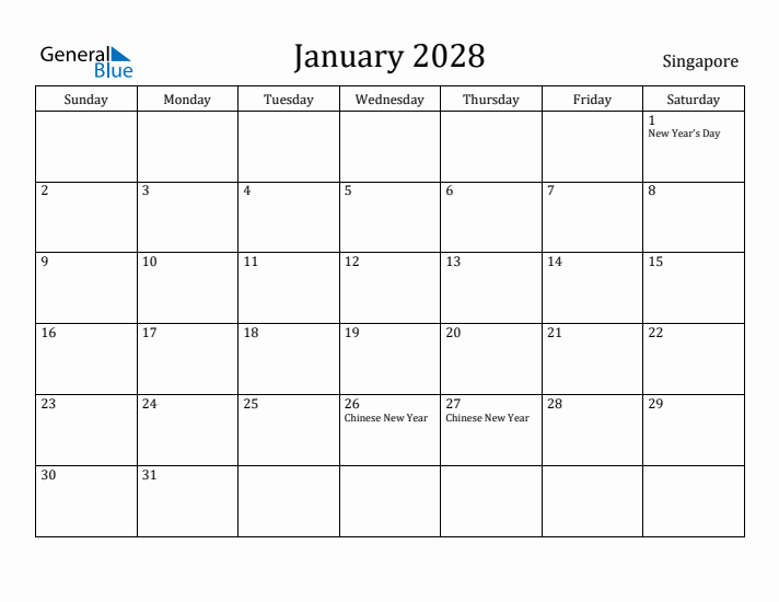 January 2028 Calendar Singapore