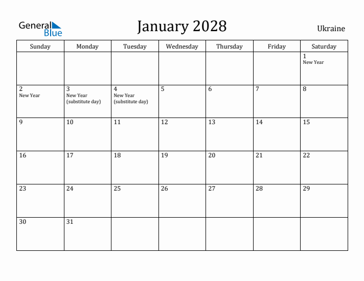 January 2028 Calendar Ukraine