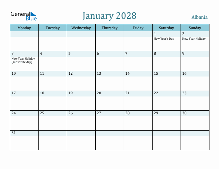 January 2028 Calendar with Holidays