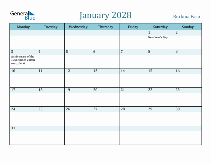 January 2028 Calendar with Holidays