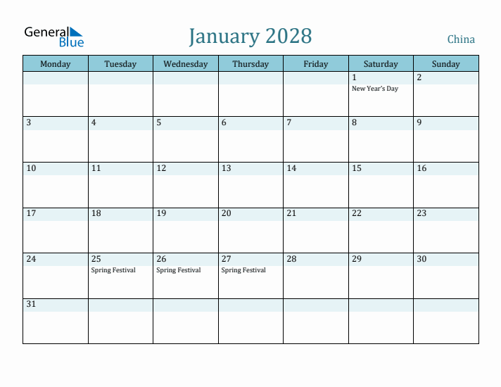 January 2028 Calendar with Holidays