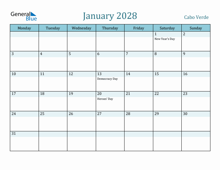 January 2028 Calendar with Holidays