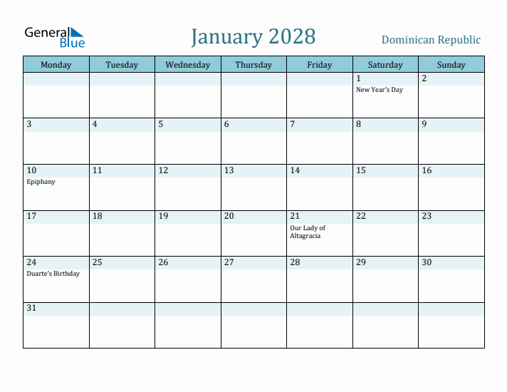 January 2028 Calendar with Holidays