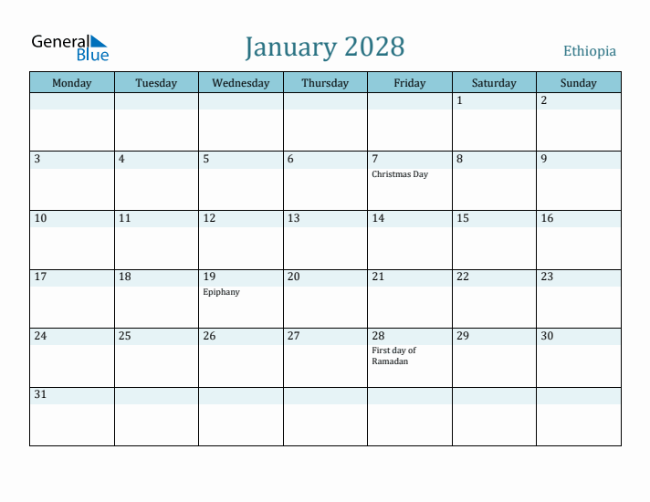 January 2028 Calendar with Holidays