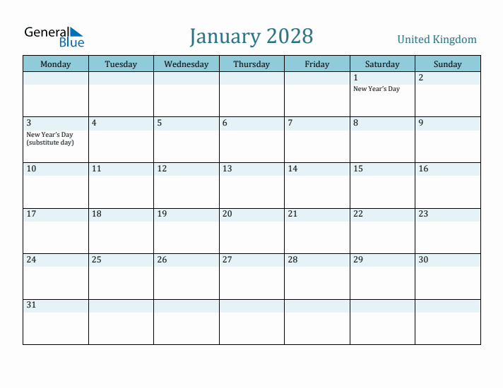 January 2028 Calendar with Holidays