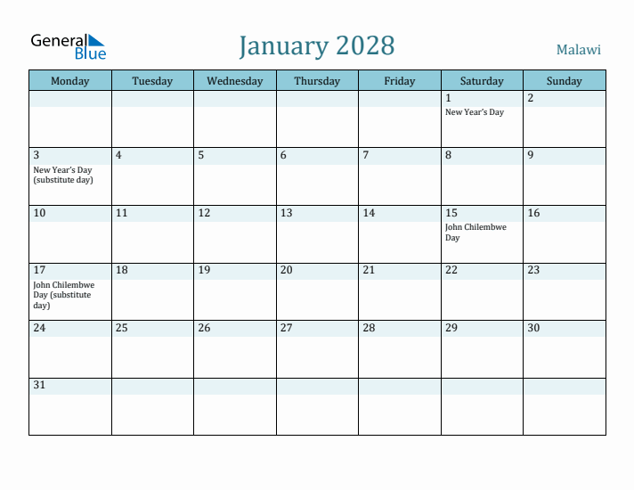 January 2028 Calendar with Holidays