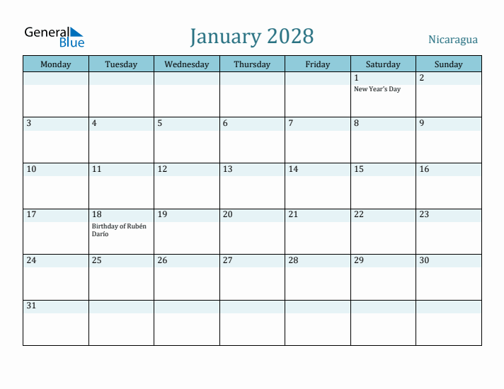 January 2028 Calendar with Holidays