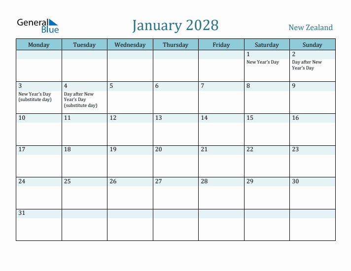 January 2028 Calendar with Holidays