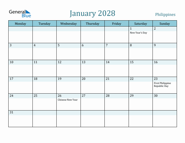 January 2028 Calendar with Holidays