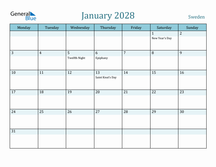 January 2028 Calendar with Holidays